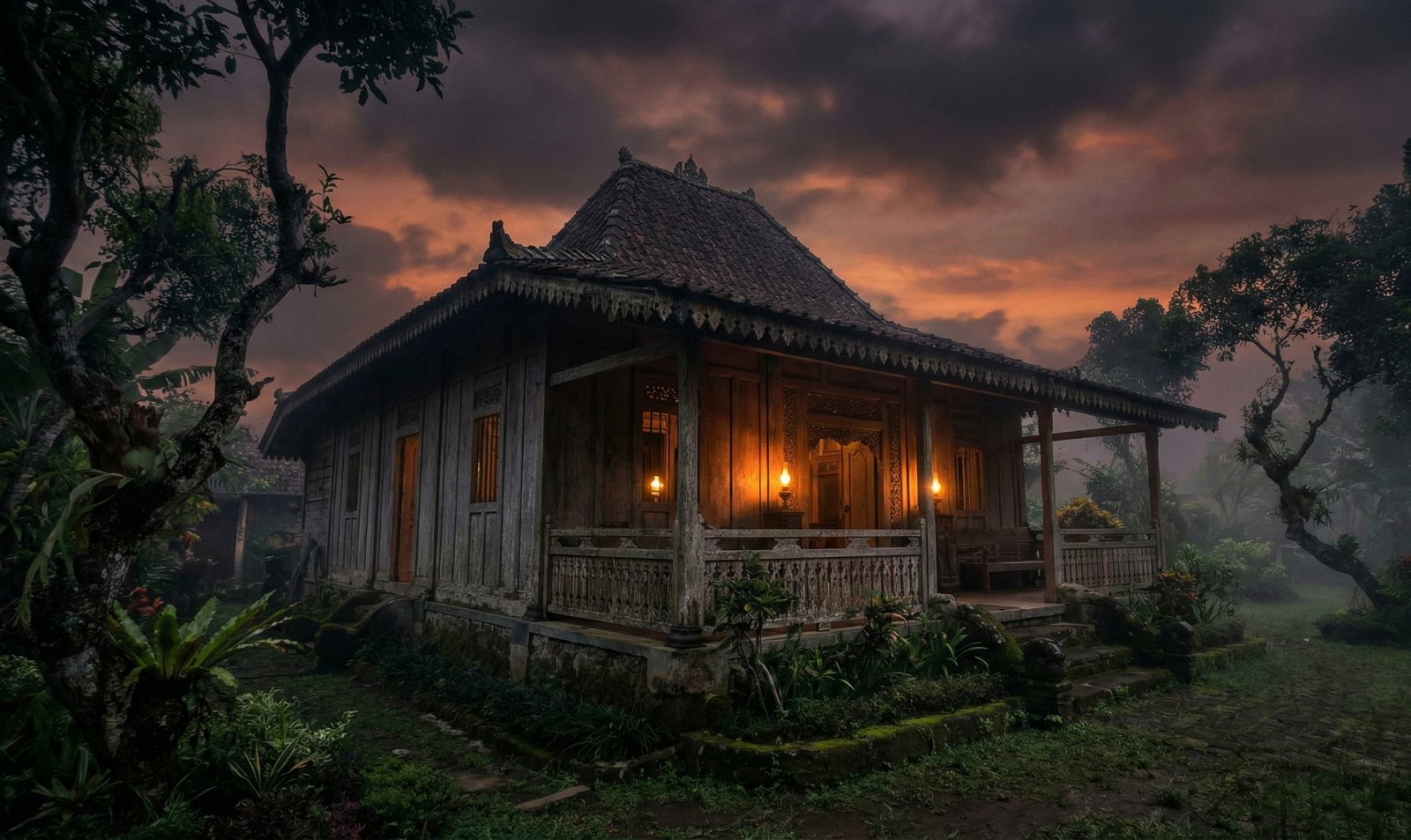 Suasana mencekam gangguan jin di rumah tua Trenggalek dengan arsitektur Jawa kuno saat senja