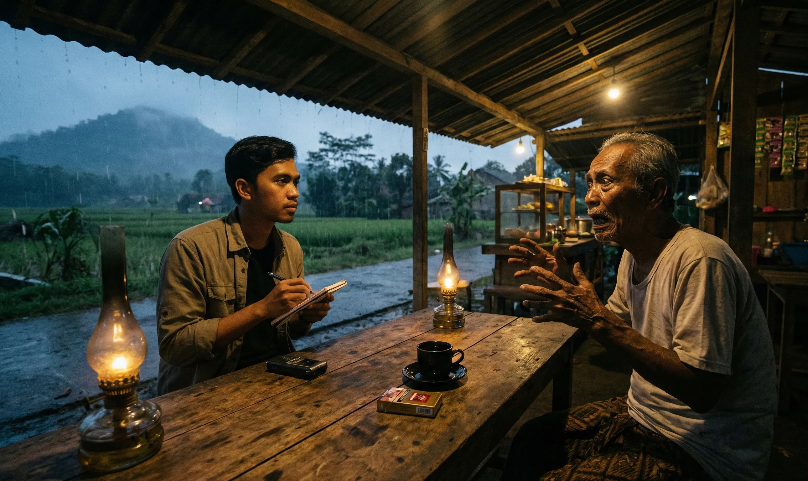 Jurnalis mewawancarai penggali kubur tentang teror malam jumat di Banyuwangi (ilustrasi)