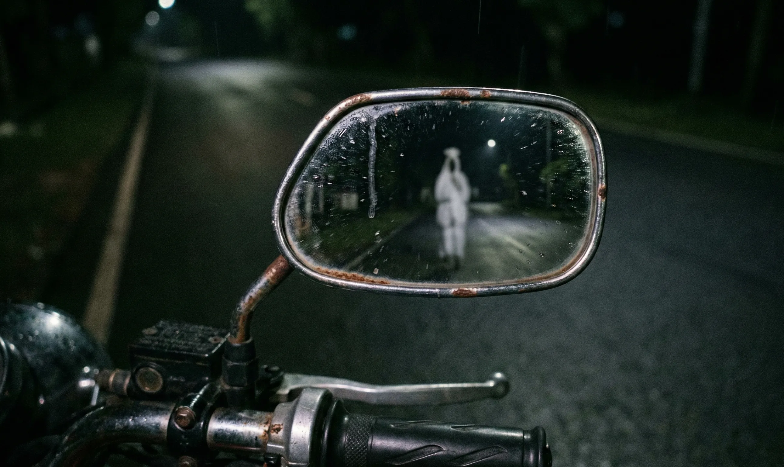 Penampakan sosok pocong di spion motor sebagai awal teror mayat hidup yang dialami Adams.