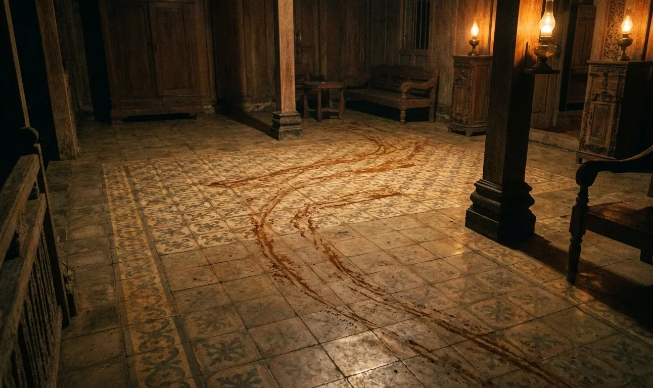 Bukti fisik teror penunggu rumah Trenggalek berupa jejak tanah aneh di lantai tegel