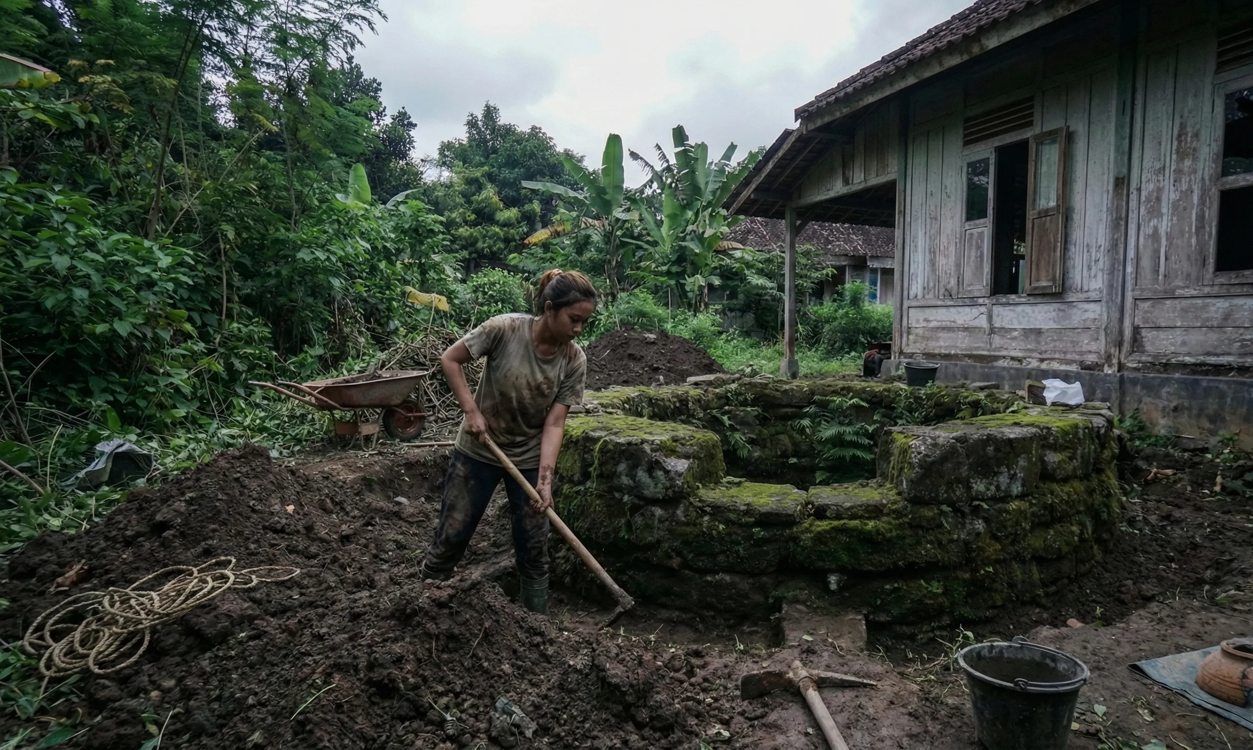 Proses penggalian tanah di dekat sumur untuk mengungkap misteri sumur tua Trenggalek